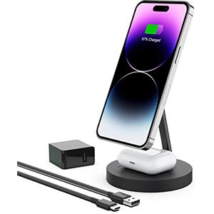 Boaraino Caricabatterie Magnetico Wireless 2 in 1, Stazione di Ricarica Compatibile con iPhoneiPhone 16/16 Pro/16 Pro Max /15/14/13/12, AirPods 2/3/4/Pro