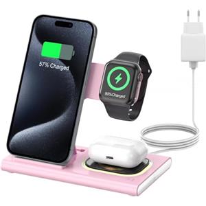 Aimtel 3 in 1 Stazione di Ricarica Wireless Pieghevole compatibile con Apple Watch 10/Ultra 2/9/8/7/SE/iPhone 16/16 Pro/16 Pro Max/16 Plus/15/14/13/12/Air Pods Pro/4/3/2 Luci Notte Caricatore Wireless