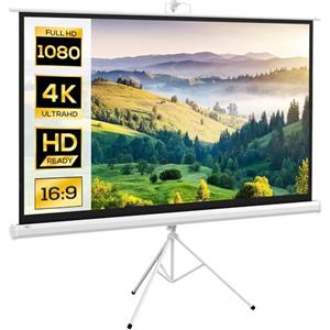HOMCOM Telo Proiettore 84 Pollici Formato 16:9 con Treppiede Regolabile di Supporto, Schermo di Proiezione in Plastica e Metallo, 200x8x118 cm, Bianco