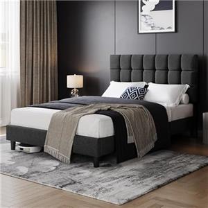 Yaheetech Letto Imbottito 140 x 200 cm con Testiera Quadrata Altezza Regolabile Doghe in Legno Grigio Scuro