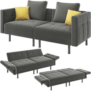 Yaheetech Divano Letto 2 Posti Divanetto Trasformabile in Velluto Braccioli Regolabili Mobile Reclinabile a 3 Posti Sofa Imbottito con 4 Cuscini per Salotto Soggiorno Ufficio 171 × 80 × 72 cm Grigio