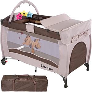 TecTake® Lettino da Viaggio Bambini con Fasciatoio, Lettino Pieghevole con Borsa, per Neonato, Portatile con Ruote, Letto Bambini Richiudibile, 132 x 75 x 104 cm - Blu