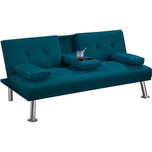 Yaheetech Divano Letto con 2 Braccioli Staccabili Divano Trasformabile Mobile Imbottito a 3 Posti Divanetto Reclinabile da Salotto con Supporto Centrale Porta Bicchieri Blu Acqua/Tessuto