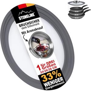 STONELINE®, Set Universale di coperchi in Vetro (con plastica), Acciaio Inox, 24/26/28