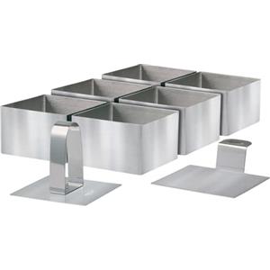 STONELINE Set di Coppapasta 8 Pezzi, Anelli per Torte 8x8 cm, Altezza 5 cm, in Acciaio Inox, Quadrato, Pressa Stantuffo Paletta Base, Stampo Rettangolare Coppa Pasta per Torte Dessert Mousse Alimenti