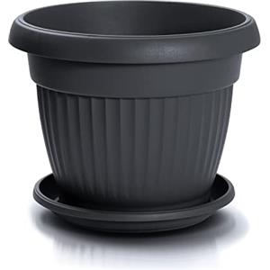 IMJ-Global Vaso con Sottovaso per piante Fiori DCE50-POD41 TERRA Grande Tondo Ø50cm da interno esterno Nero 38 Litri Ø50x39 cm design Classico Fioriera in plastica da balcone Grigio Antracite