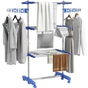 HOMCOM Stendibiancheria Pieghevole in Acciaio Inox e Plastica, Stendino Verticale Salvaspazio Estensibile a Torre con 6 Ruote, Ganci e 3 Ripiani Regolabili per Interni, 142x55x152 cm, Blu Argento