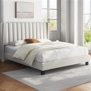 Yaheetech Letto Imbottito 160 x 200 cm Matrimoniale Testiera a Strisce con Rete a Doghe in Legno e Metallo Struttura Letto a Piattaforma Antirumore Montaggio Facile e Veloce Beige
