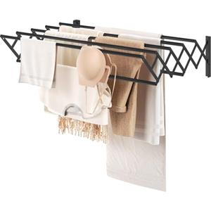 YOUDENOVA Stendibiancheria pieghevole da parete, porta asciugamani retrattile, portasciugamani da bagno, stendibiancheria, per interni, pieghevole, in metallo resistente (nero, L)