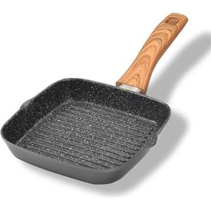 STONELINE BACK TO NATURE Bistecchiera 16x16 cm, Effetto Legno, 2 Beccucci, Padella Grill Padella Griglia, Rivestimento Antiaderente con Vere Particelle di Pietra, a Induzione, Tutti i Piani Cottura