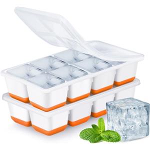 Jrisbo Stampo Ghiaccio Grande, JRISBO Set 2 Stampi con Coperchio per Cubetti Ghiaccio Silicone senza BPA, Formine Cubi Ghiaccio Forma Vaschette Ice Cube Tray per Cocktail Birra Whisky (Arancione)