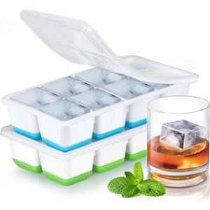 Jrisbo Stampo Ghiaccio Grande, JRISBO Set 2 Stampi con Coperchio per Cubetti Ghiaccio Silicone senza BPA, Formine Cubi Ghiaccio Forma Vaschette Ice Cube Tray per Cocktail Birra Whisky (Blu + Verde)