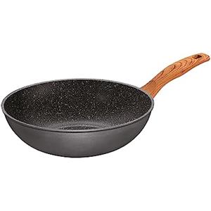 STONELINE® Back to Nature Wok 30 cm, Made in Germany, con manico effetto legno, anche per arrostire senza olio e grasso, rivestimento antiaderente antigraffio con vere particelle di pietra, wok a indu