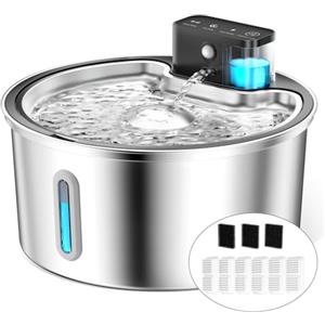 PawPoll Fontanella per Gatti senza Fili 3,2L con Sensore di Movimento, 4200mAh Fontana per Gatti, Ultra Silenziosa 304 Acciaio Inossidabile Fontanella Gatto Ricaricabile, Include 6 Filtro + 3 Spugne