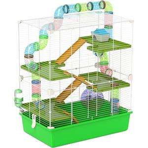PawHut Gabbia per Criceti a 5 Livelli con Tubi, Casetta, Serbatoio dell'Acqua, Rampe, Ciotola, Piattaforme e Ruota, Gabbietta per Roditori con 2 Maniglie in Acciaio, PP e PS, 59x36x69 cm, Verde
