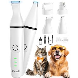 oneisall Tosatrice silenzioso per cani e gatti 4 in 1 completo, tagliacapelli ricaricabile per cani, taglia zampe e affila artigli con 4 testine multiuso per la depilazione di tutto il corpo (Bianco)
