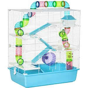 PawHut Gabbia per Criceti a 5 Livelli con Tubi, Casetta, Serbatoio dell'Acqua, Rampe, Ciotola, Piattaforme e Ruota, Gabbietta per Roditori con 2 Maniglie in Acciaio, PP e PS, 59x36x69 cm, Azzurro
