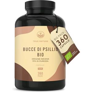 TRUE NATURE Bucce di psillio BIO - 360 capsule vegane (750 mg) - Alto dosaggio - 4500 mg dose giornaliera - Origine: India - 88% di fibre - Testato in laboratorio, produzione tedesca - TRUE NATURE