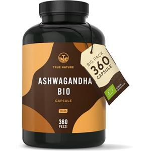 TRUE NATURE Ashwagandha Bio - 360 Capsule - Alto Dosaggio di 2600 mg al giorno - 650mg per Capsula (Withania Somnifera) - vegano, Bio India, testato in Laboratorio, produzione Tedesca - TRUE NATURE