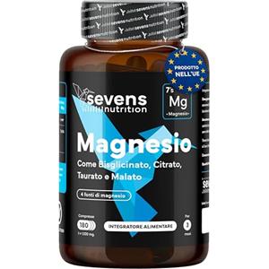SEVENS NUTRITION Magnesio Completo - Integratore di Magnesio Bisglicinato, Citrato, Malato, Taurato - 180 Compresse - Supporto Muscoli, Stanchezza e Ossa - Sevens