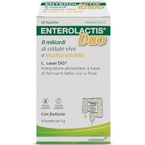 ENTEROLACTIS Duo, Integratore Alimentare di Fermenti Lattici Vivi L,Casei DG, 8 Miliardi di Cellule Vive, Con Fruttosio, Senza Glutine e Lattosio, 10 Bustine
