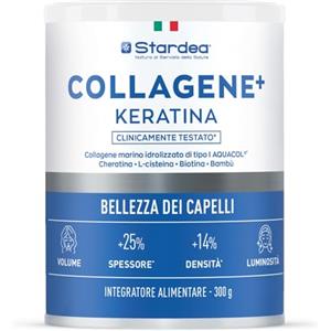 STARDEA Srl STARDEA COLLAGENE + KERATINA | Collagene Marino idrolizzato di Tipo 1, Collagene per capelli | con Cheratina Biotina L-Cisteina Selenio Rame Zinco | Integratore Capelli | Salute Capelli | Polvere 300g