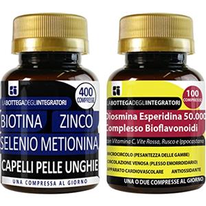 LABOTTEGADEGLIINTEGRATORI Set di integratori capelli pelle unghie + antiossidante | biotina zinco seleniometionina 400 compresse + diosmina esperidina bioflavonoidi 100 compresse | senza glutine