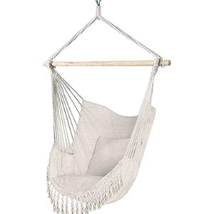 VOUNOT Poltrona Sospesa da Giardino 2 Cuscini, Sedia Amaca Altalena Macrame con Braccioli/Traversa in Legno, Portata Fino a 120 kg, per Interni Esterno Giardino, Beige