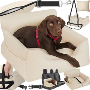 tectake® Seggiolino Auto per Cani Imbottito, Trasportino per Cani con Guinzaglio di Sicurezza, Cinghie di Fissaggio Regolabili, Rivestimento Lavabile, Compatibile con Tutti i Veicoli - Beige