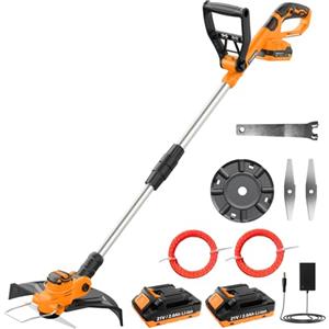 JYGMPRO Decespugliatore a Batteria 21V, Tagliabordi a Batteria Brushless con 2 Batterie 2,0Ah, 2 Lame, 2 Bobina(5m), Impugnatura Regolabile, Tubo Telescopico,Testa Girevole 90°per Giardino Potatura