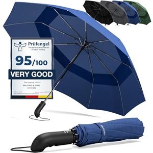 Wilford & Sons Ombrello Pieghevole Portatile Antivento da Borsa - Apri Chiudi Automatico, Teflon, 9 Stecche Rinforzate | Resistente Compatto Auto Robusto Classico Mini Viaggio Business Città Ufficio Uomo Donna, Blu