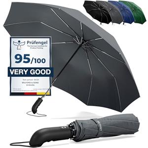 Wilford & Sons Ombrello Pieghevole Portatile Antivento da Borsa - Apri Chiudi Automatico, Teflon, 9 Stecche Rinforzate | Resistente Compatto Auto Robusto Classico Viaggio Business Città Ufficio Uomo Donna, Grigio
