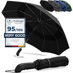 Wilford & Sons Ombrello Pieghevole Portatile Antivento da Borsa - Apri Chiudi Automatico, Teflon, 9 Stecche Rinforzate | Resistente Compatto Auto Robusto Classico Mini Viaggio Business Città Ufficio Uomo Donna, Nero