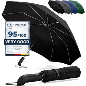 Wilford & Sons Ombrello Pieghevole Portatile Antivento da Borsa - Apri Chiudi Automatico, Teflon, 9 Stecche Rinforzate | Resistente Compatto Auto Robusto Classico Mini Viaggio Business Città Ufficio Uomo Donna, Nero