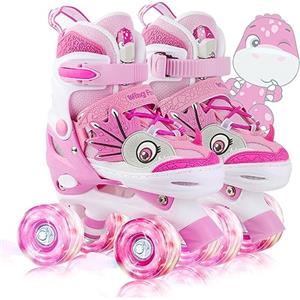 WESKIFAN Dinosauro Pattini a Rotelle Bambina Pattini Bambina Pattini a 4 Ruote Regolabili con Tutte Ruote LED per Ragazzi Bambina Principianti Regalo di Compleanno Natale