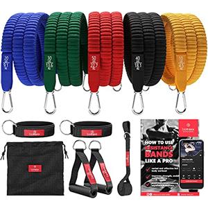 BeMaxx Set di fasce di resistenza + piano allenamenti - Kit elastici: 5 bande elastiche da tessuto, maniglie, cinghie per caviglie + ancoraggio, gancio da porta | Tubi fitness palestra sport stretching