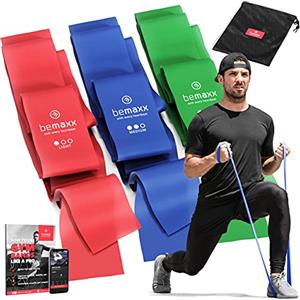 BeMaxx Fasce Elastiche Fitness Set di 3 / Lunghi 2 Metri Bande Resistenza + eBook di Esercizio e Borsa | Sport Boxe Pilates, Glutei Trazioni Palestra Casa Sportiva Kit, Leggero Medio Forti