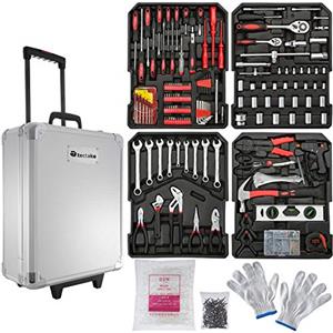 tectake® 599 Set di Attrezzi, Trolley, Valigia Alluminio, Portattrezzi, Portautensili, Cassetta, Disposizione degli Attrezzi da Lavoro su 4 Ripiani, Maniglia Telescopica Regolabile a 2 Altezze