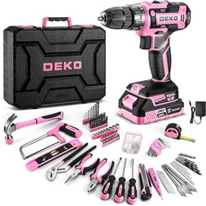 DEKO Cassetta Attrezzi Completa Rosa con Trapano Avvitatore Batteria 20V, 186 Pezzi, Set Completo di Punte