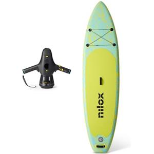 Nilox Set Tavola da Sup Gonfiabile con Scooter Acquatico Elettrico, Completo di Accessori con Zaino, Pagaia, Pompa, Leash, 3 Pinne, Velocità Fino a 5km/h, Tavola da 335x84x15cm