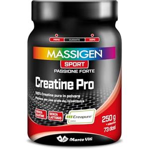 MASSIGEN Mass Sport Creatine Pro, 250 g, Integratore Alimentare con Creatina Monoidrato Creapure®, Supporto per Performance Sportive, 73 Dosi, Senza Glutine e Lattosio