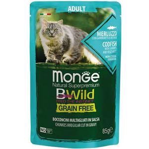 Monge Bwild Grain Free Bocconcini in Salsa per Gatti Adulti da 85 gr Gusto Merluzzo con Gamberetti e Ortaggi