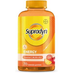 Supradyn Energy Multivitaminico Caramelle, Integratore Completo, con Vitamine A, B, C, D, E e Coenzima Q10, 70 Caramelle Gommose Multivitaminiche Gusto Ciliegia, Lampone e Arancia