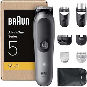 Braun Rifinitore All-in-One Series 5, Rasoio Elettrico Barba E Capelli 9In1 Con Lama Ultra Affilata E Tecnologia SkinGuard Per Il Corpo, 120 Min Di Autonomia, Impugnatura AquaGrip, AIO5545, Grigio