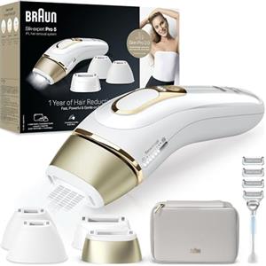 Braun Silk-Expert Pro 5 Epilatore LUCE PULSATA, Laser Peli Donna, Ideale per Zone Sensibili, Viso, Bikini e Ascelle, Epilazione Permanente Dei Peli Visibili, con Rasoio Donna Venus, PL5358, Bianco/Oro