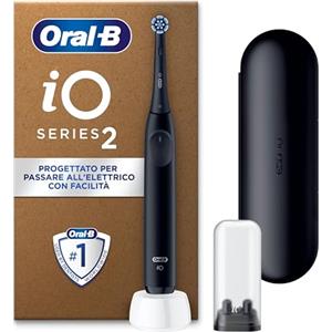 Oral-B iO 2 Spazzolino Elettrico Oral B, Nero, 1 Testina Di Ricambio, 1 Spazzolino, Custodia Da Viaggio, Supporto per Testine, Delicato sulle Gengive, Efficace sulla placca, Sensore di Pressione