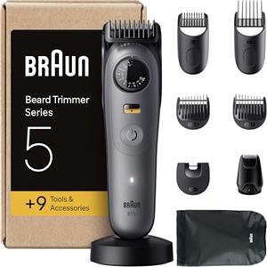 Braun Regolabarba Uomo Series 5, +9 Strumenti Di Styling, Lama Ultra Affilata, 120 Minuti di Autonomia, Impermeabile, Selettore di Precisione Con 40 Lunghezze & Blocco, BT5565, Grigio
