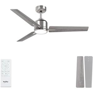 Newday 107cm Ventilatore da Soffitto Argento e Legno, Ventilatore da Soffitto con Luce e Telecomando Réversible, Pala Soffitto con Luce Dimmerabile per Soggiorno Camera da Letto Cucina Terrazza