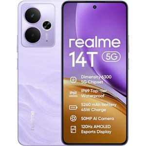 realme Smartphone realme 14T 5g, 8+256GB,batteria 5260 mAh,Processore Dimensity 6300, IP69, display 120Hz,Fotocamera AI da 50MP, Lightning Purple, esclusiva Amazon(Nessun adattatore)