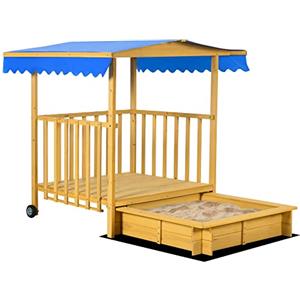 Outsunny sabbiera con tetto, sabbiera in legno con casetta, 133 x 129 x 137,5 cm sabbiera con ruote per bambini 3-8 anni, giardino, natura